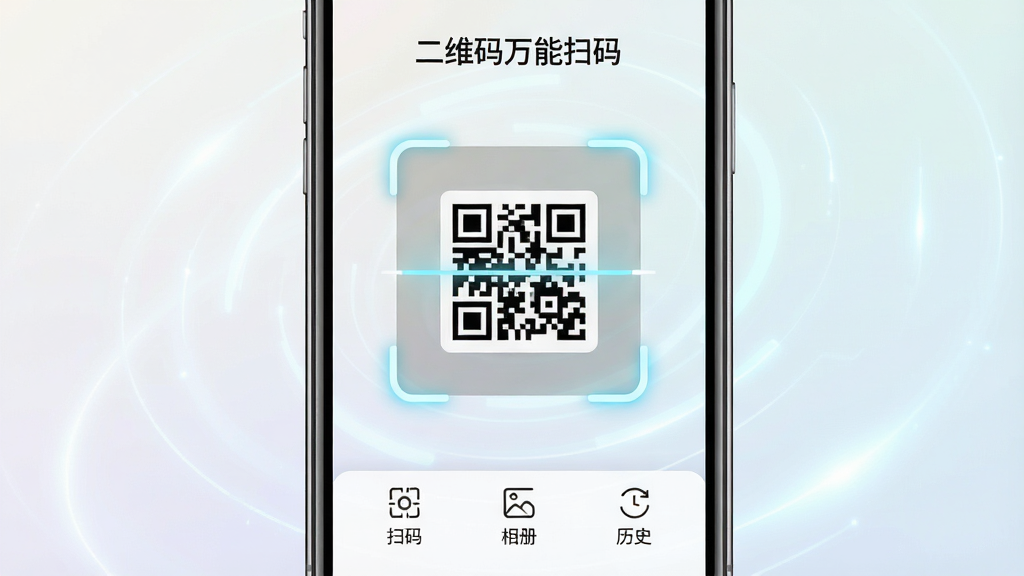 һ��չʾ�ֻ���Ļ��ͼƬ����Ļ����ʾ����ά������ɨ�롱APP�������棬����������һ����Ŀ��ɨ���ɨ���������׼һ�Ŷ�ά�룬�����Ǹɾ���ǳɫ���䣬��Χ��΢���ĿƼ��й�Ч���ײ��С�ɨ�롱����ᡱ����ʷ����������ͼ�갴ť���������ִ���Լ�������������޶���Ԫ��