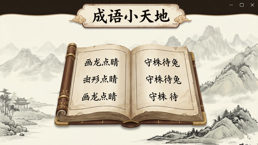 成语小天地软件主界面展示,画面中央是一本展开的古典书籍造型,书页上浮现出多个成语词条如“画龙点睛”“守株待兔”,背景是淡雅的山水水墨风格,顶部有“成语小天地”文字标识,整体布局简洁清晰,风格古风雅致,细节精致,画质干净,无多余元素