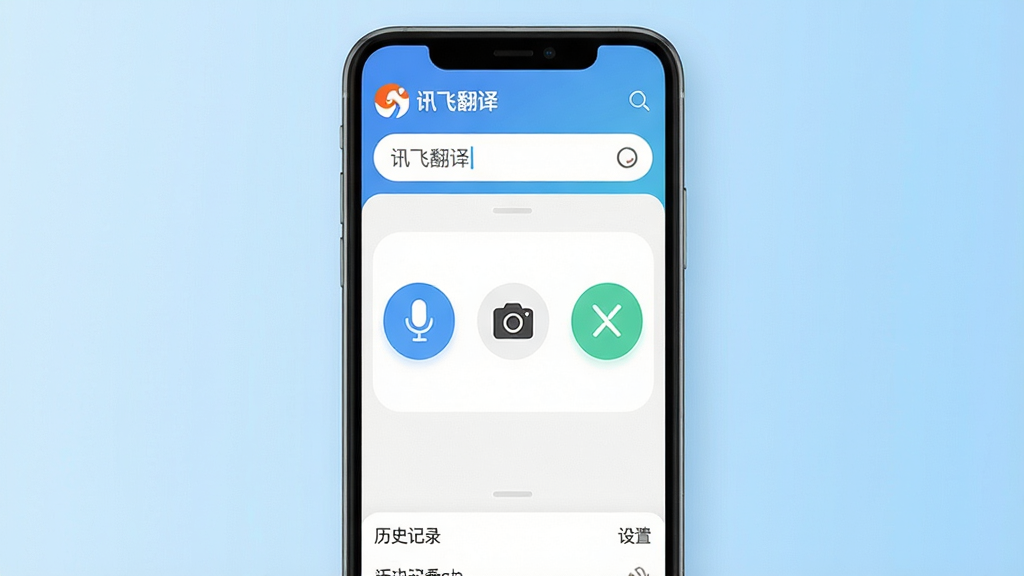 һ��չʾѶ�ɷ�����Ĺ��ܵ��ֻ�Ӧ�ý����ͼ�������������ֻ���Ļ����Ļ����ʾѶ�ɷ���App�������棬�����С�Ѷ�ɷ��롱Logo��������м�����˷硢������ı�������ͼ�갴ť���ײ�����ʷ��¼������ѡ������Ǽ���ǳ��ɫ���䣬����ִ���ƽ��ϸ��Բ�󣬻��ʸɾ��������޶���Ԫ�ء�