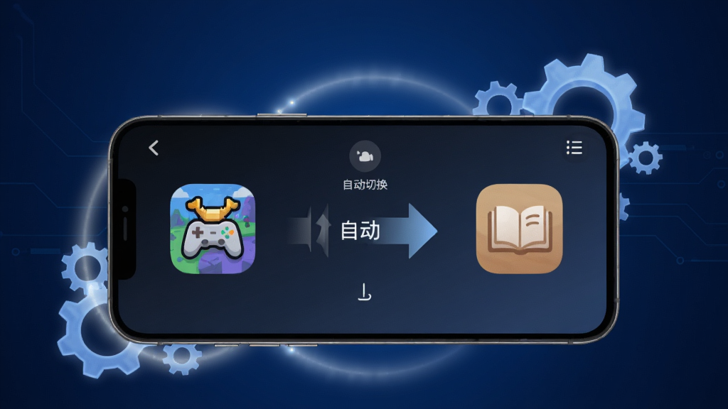 智格超能智能场景识别功能展示,画面中一部手机屏幕显示不同场景切换的界面,左侧是游戏场景图标,右侧是阅读场景图标,中间有箭头表示自动切换,手机周围有柔和的光效和齿轮元素象征智能调节,背景为深蓝色科技感渐变,风格简洁现代,画质干净,无多余元素
