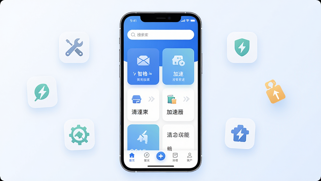 智格超能手机应用主界面展示,画面中央放置一部现代智能手机,屏幕显示智格超能APP的首页,界面以蓝白配色为主,顶部有搜索栏,中间是功能卡片式布局,底部是导航栏,背景是干净的浅色渐变,周围漂浮着几个简洁的图标代表工具、加速、清理等功能,风格现代扁平化,细节圆润,画质清晰干净,无多余元素