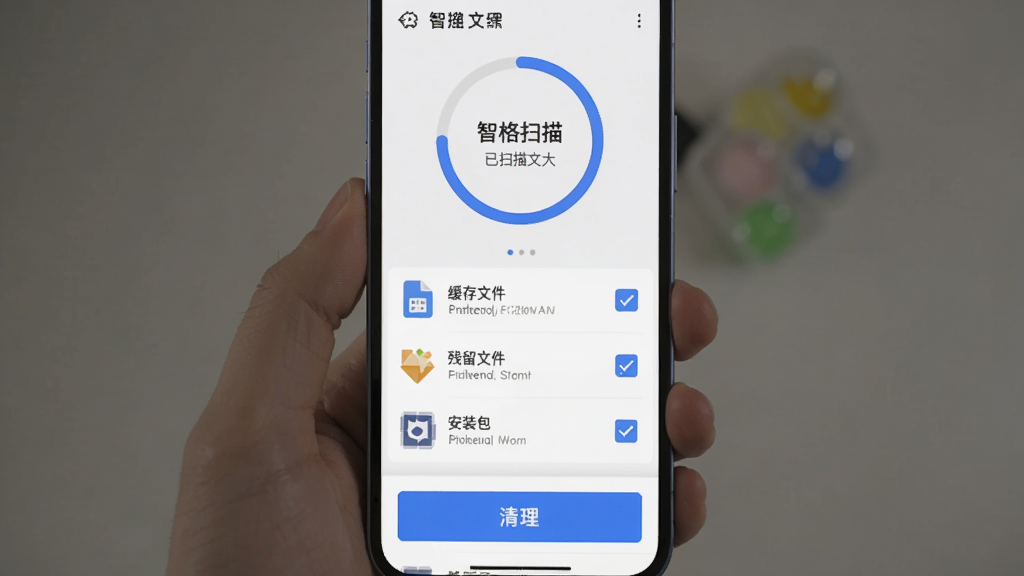 智格超能一键深度清理功能界面,手机屏幕显示清理扫描结果页面,上方是圆形进度条显示已扫描文件大小,下方列表展示缓存文件、残留文件、安装包等分类,每项前面有勾选框,底部有一个醒目的蓝色清理按钮,界面干净整洁,风格扁平化,画质清晰,无多余元素