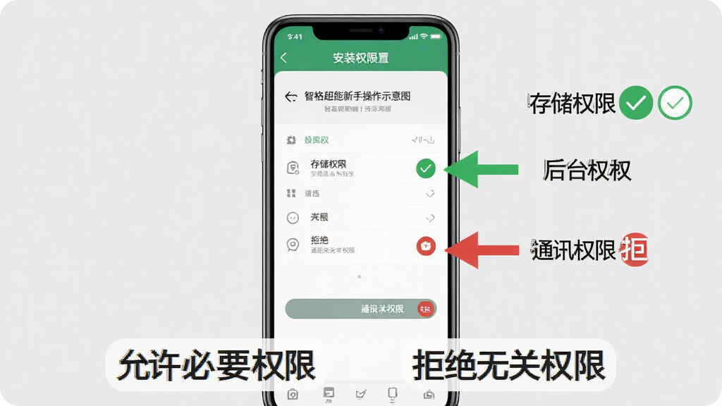 智格超能新手操作示意图,画面中一部手机显示安装权限设置页面,旁边有箭头标注存储权限和后台权限为绿色允许状态,通讯录权限标注为红色拒绝状态,手机下方有文字标签“允许必要权限”“拒绝无关权限”,背景为浅灰色,风格简洁明了,画质清晰干净,无多余元素