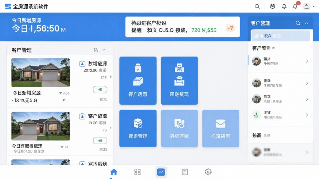 全房源系统软件的主界面截图,展示清爽的房源列表和客户管理面板,主色调为蓝白色,顶部显示今日新增房源数量和待跟进客户提醒,中间是功能模块入口卡片,底部为导航栏,整体风格现代扁平,画质干净无多余元素