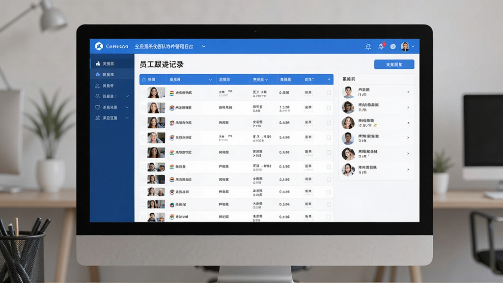 全房源系统团队协作管理后台,展示电脑屏幕上的房源分配列表和员工跟进记录,界面以蓝色和白色为主,数据表格清晰,风格商务简洁