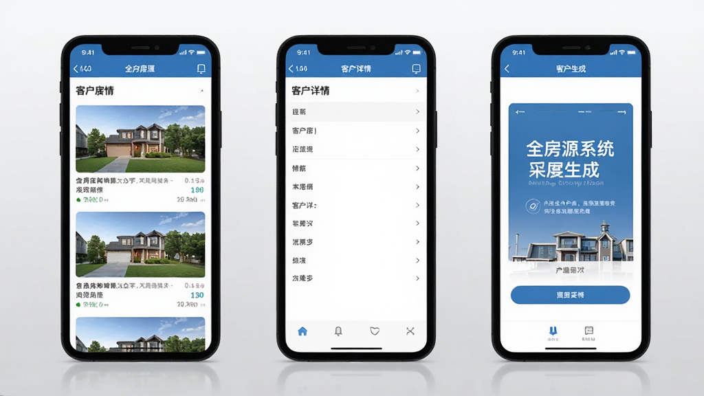 全房源系统在手机上的操作界面展示,包含房源列表、客户详情和海报生成三个页面并排展示,手机为黑色边框,背景为浅灰色渐变,画质清晰干净