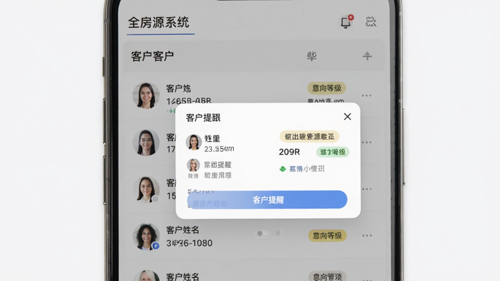 全房源系统客户管理界面,展示客户列表和跟进提醒弹窗,手机屏幕上显示客户姓名、联系方式、意向等级标签,背景为浅灰色,设计简约现代
