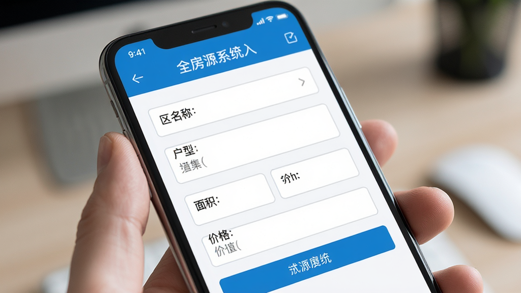 全房源系统房源录入界面的特写,展示手机屏幕上简洁的房源信息填写表单,包含小区名称、户型、面积、价格等字段,界面设计清爽,蓝白配色,画质清晰干净