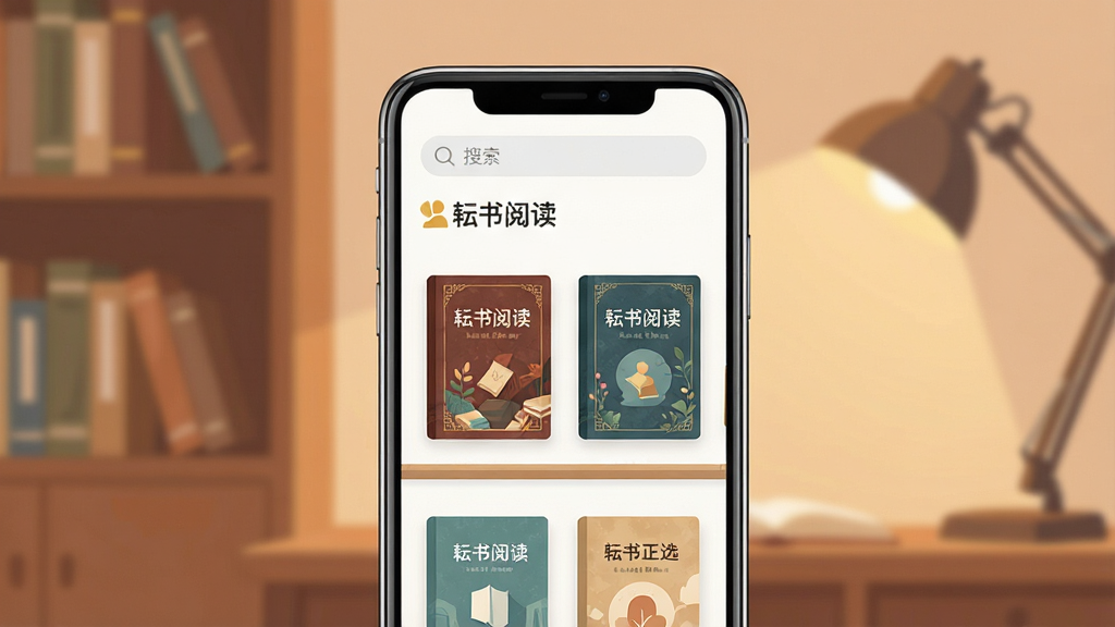 一张展示“耘书阅读”App主界面的手机样机图,画面中央是一部现代智能手机,屏幕上显示着简洁的电子书书架,书架上排列着几本封面精美的书籍,顶部有搜索栏和“耘书阅读”的文字标识,背景是柔和的书房环境,暖色调灯光,风格现代扁平,细节清晰,画质干净无多余元素