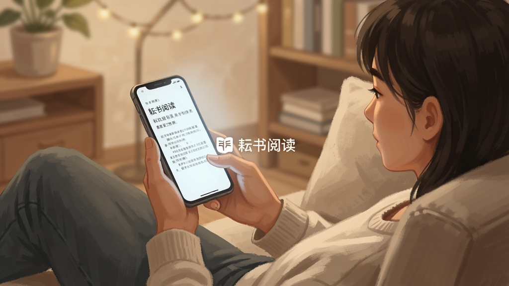 一张表现“耘书阅读”纯净阅读界面的插画,画面中一个人舒适地靠在沙发上,手持手机阅读,手机屏幕发出柔和的光,周围环境安静整洁,没有广告弹窗的干扰,画面中央有“耘书阅读”的小字标识,风格温馨写实,细节丰富,画质干净无多余元素