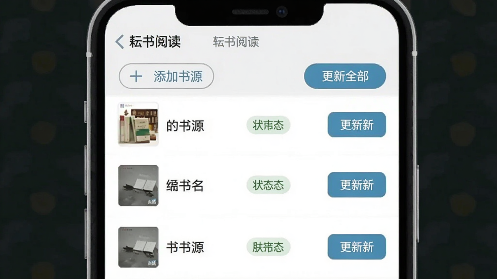 一张展示“耘书阅读”书源管理界面的手机截图风格图,屏幕显示书源列表,每个书源有名称、状态和更新按钮,顶部有“添加书源”和“更新全部”按钮,界面清晰,配色简洁,画质干净无多余元素