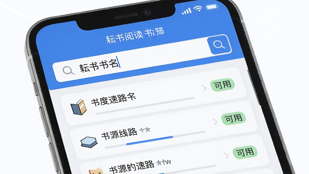 一张展示“耘书阅读”书源聚合功能的界面截图风格图,画面主体是一个手机屏幕,屏幕内显示搜索框输入了书名,下方列出了多个书源线路选项,每个选项旁有速度标识和“可用”状态,界面以蓝白配色为主,布局清晰,风格简洁现代,画质干净,无多余元素