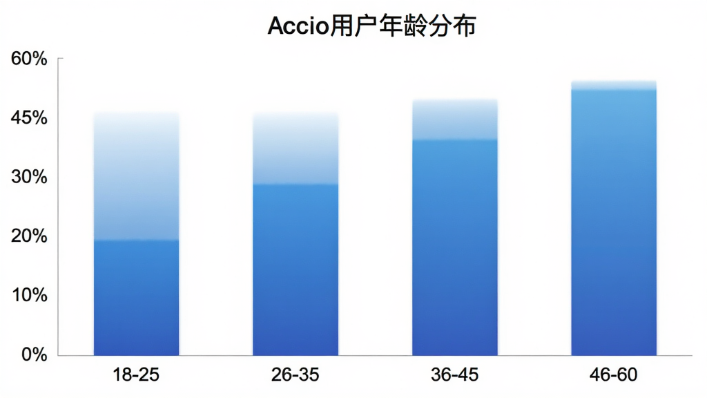 一张展示Accio用户年龄分布的柱状图图片,横轴为年龄段18-25、26-35、36-45、46-60,纵轴为用户占比百分比,柱状图颜色为蓝色渐变,背景白色,图表标题为「Accio用户年龄分布」,风格简洁专业,画质清晰,无多余元素