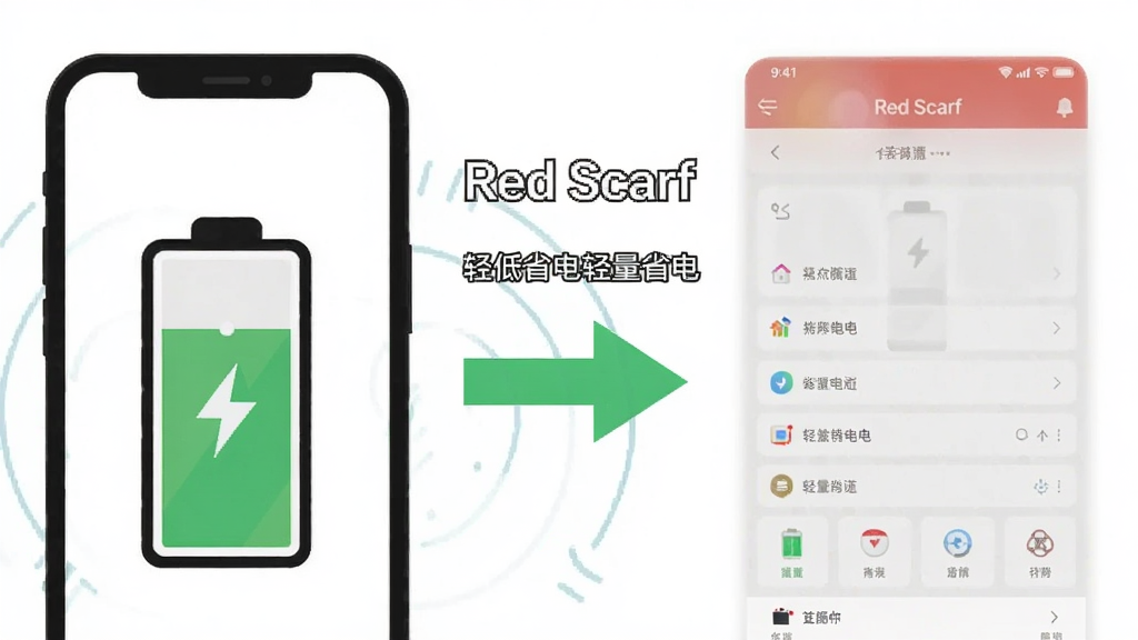 一张展示Red Scarf轻量省电特性的示意图,画面左侧是手机电池图标显示电量持久,右侧是Red Scarf应用界面在后台安静运行的截图风格插画,中间用绿色箭头连接表示低消耗,背景干净白色,扁平插画风格,文字标注“Red Scarf 轻量省电”,画质清晰,无多余装饰