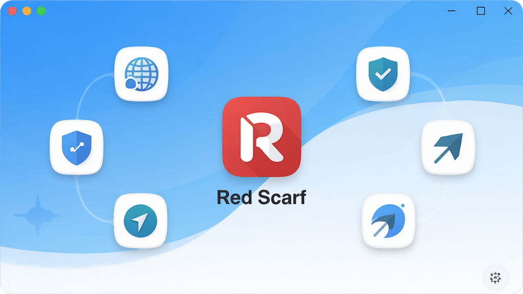 一张展示Red Scarf软件主界面的全景图,画面中央是Red Scarf应用图标和名称“Red Scarf”,周围环绕着简洁的功能图标如网络连接、安全盾牌、加速箭头,背景为清爽的蓝白渐变色调,扁平化设计风格,布局居中对称,细节圆润,画质干净清晰,无多余元素