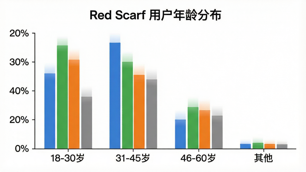 一张展示Red Scarf用户年龄分布的柱状图,横轴标注年龄段“18-30岁”“31-45岁”“46-60岁”“其他”,纵轴标注百分比,柱体颜色分别为蓝色、绿色、橙色、灰色,背景白色干净,图表风格简洁现代,文字标注“Red Scarf 用户年龄分布”,画质清晰,无多余元素