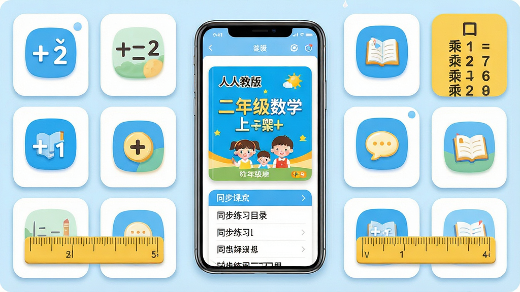 һ��չ�ֶ��꼶��ѧ�ϲ�APP���Ľ����ͼƬ������Ϊһ�������ֻ���Ļ��ʾ�˽̰���꼶��ѧ�ϲ���ӿα������ͬ����ϰĿ¼���������ֻ����У���Χ���ƼӼ�����ʽ���˷��ھ��������Ȳ������ӵ���ѧԪ�أ��Ű���ÿ�Ƭʽ���񲼾֣����Ϊ����ͯȤ�Ľ�����UI���ϸ���ϰ���Բ��ͼ�ꡢ�����Ӱ��������������ɫ�����ʸ���ɾ��޶���Ԫ��