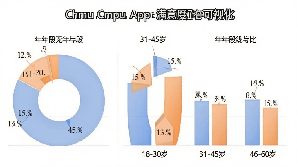 һ��չʾ��ͬ������û�ʹ�á�Chmu��App����ȵ����ݿ��ӻ�ͼ����������ñ�״ͼ����״ͼ��ʽ��ͼ���б�ע��18-30�ꡢ31-45�ꡢ46-60��������ռ�ȣ�ͼ����ɫ��ͣ�����ɫ�ͳ�ɫ���ֲ�ͬ���ݿ飬����Ϊ����ɫ������������ͼ���е����ֱ�ǩʹ�����ģ���������רҵ���޶���װ��Ԫ��
