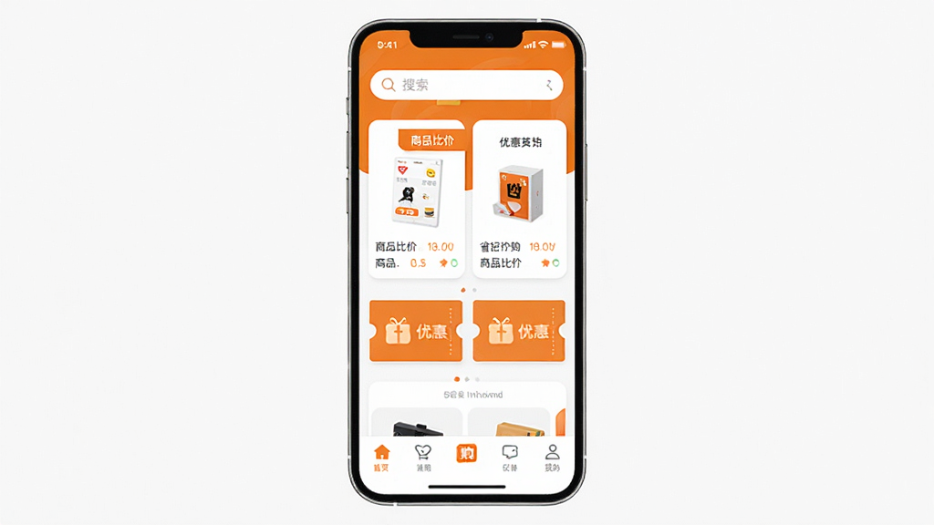 �ֻ���Ļ������ʾ��ʡ����APP�����棬�������������м�����Ʒ�ȼۿ�Ƭ���Ż�ȯͼ�꣬�ײ������������������Գ�ɫ�Ͱ�ɫΪ��ɫ������ƽ����Ʒ�񣬽���ɾ����࣬�޶���Ԫ�أ����廭��