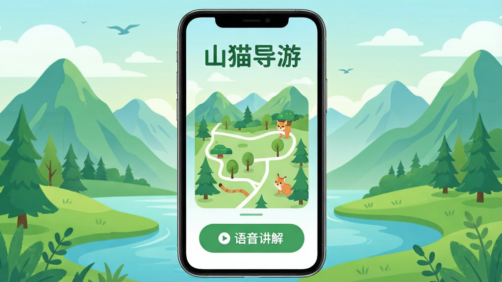 ɽè����App������չʾ���ֻ���Ļ������ʾ������ͼ���������ⰴť��������������Ȼ��ɽˮ�羰�廭�������д��С�ɽè���Ρ����ֱ�ʶ���������������죬ɫ������ɫ����ɫΪ�������ʸɾ��������޶���Ԫ��