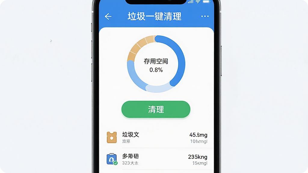 手机垃圾一键清理软件主界面,手机屏幕显示存储空间使用情况环形图,中间有一个醒目的绿色清理按钮,下方列出各类垃圾文件分类和大小,界面风格简洁清爽,蓝白配色,干净无多余元素,画质清晰,手机垃圾一键清理文字标识位于顶部