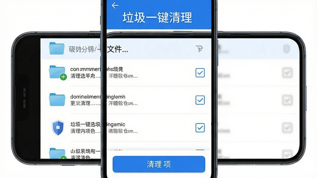 手机垃圾一键一键清理软件深度清理界面,手机屏幕显示大文件列表和文件夹路径,每个文件旁边有复选框,底部有清理选中项按钮,界面清晰专业,蓝白配色,干净无多余元素,画质清晰,手机垃圾一键清理文字位于顶部