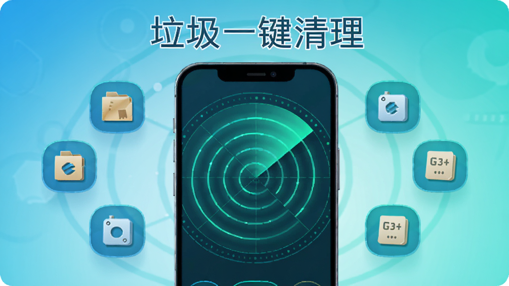 手机垃圾一键清理软件扫描动画界面,手机屏幕显示雷达扫描波纹扩散效果,周围环绕着代表缓存文件、安装包、日志的小图标,界面科技感十足但不过度花哨,蓝绿色调,干净简洁,画质清晰,手机垃圾一键清理文字位于顶部