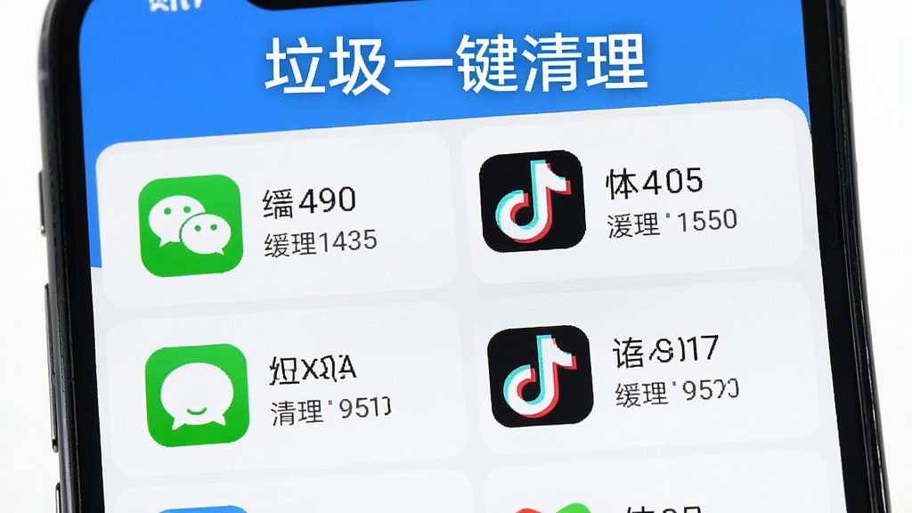 手机垃圾一键清理软件应用专清界面,手机屏幕展示微信、QQ、抖音等应用图标列表,每个图标旁边显示可清理的缓存大小,界面清晰直观,蓝白配色,干净无多余元素,画质清晰,手机垃圾一键清理文字位于顶部