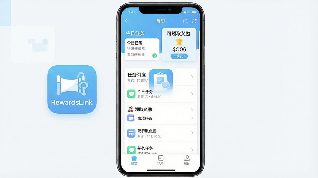 һ���ֻ�Ӧ�ý���չʾͼ�����������ǡ�RewardsLink����Appͼ��������棬������ǳ��ɫ�Ͱ�ɫΪ��ɫ����������ʾ���������񡱺͡�����ȡ�������Ŀ�Ƭ���м��������б����ײ��С���ҳ������¼�����ҵġ�����ѡ������������¼�࣬���ʸɾ����޶���Ԫ�أ����������ɶ�