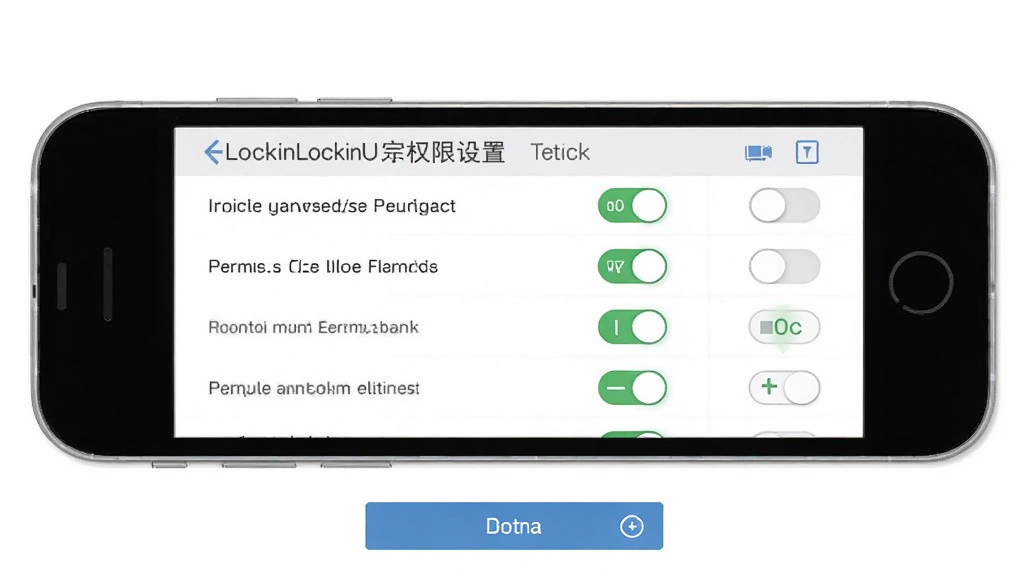 一张展示LockinU安装权限设置界面的示意图,主体是手机屏幕,屏幕上显示权限管理列表,布局为顶部标题、中部权限开关列表、底部确认按钮,排版清晰明了,风格简洁实用,细节上开关按钮有高亮提示,画质干净无多余元素,背景为白色。