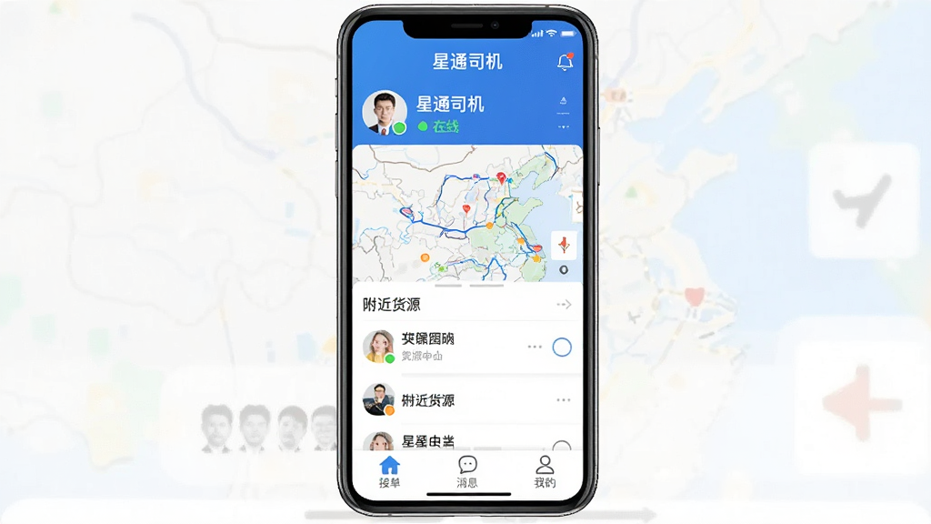 һ���ֻ�Ӧ�ý����ͼ�����������ǡ���ͨ˾����APP����ҳ��������ʾ˾��ͷ�������״̬���м��ǵ�ͼ�͸�����Դ�б����ײ��нӵ�����Ϣ���ҵ�����������ť������ɫ��Ϊ����ɫ��������ִ��������������޶���Ԫ��