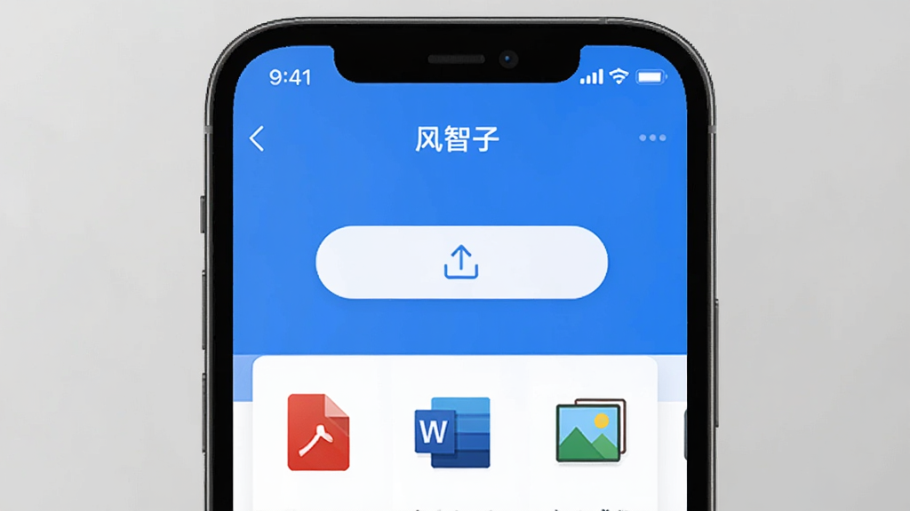 һ��չʾ�������ļ��������ܵ�ͼƬ��������һ���ֻ���Ļ��ʾ������APP���ļ��������棬��Ļ������һ���ļ��ϴ���ť���·�������PDF��Word��ͼƬ�ȸ�ʽͼ�꣬�������࣬����ɫ�������ʸɾ��޶���Ԫ��
