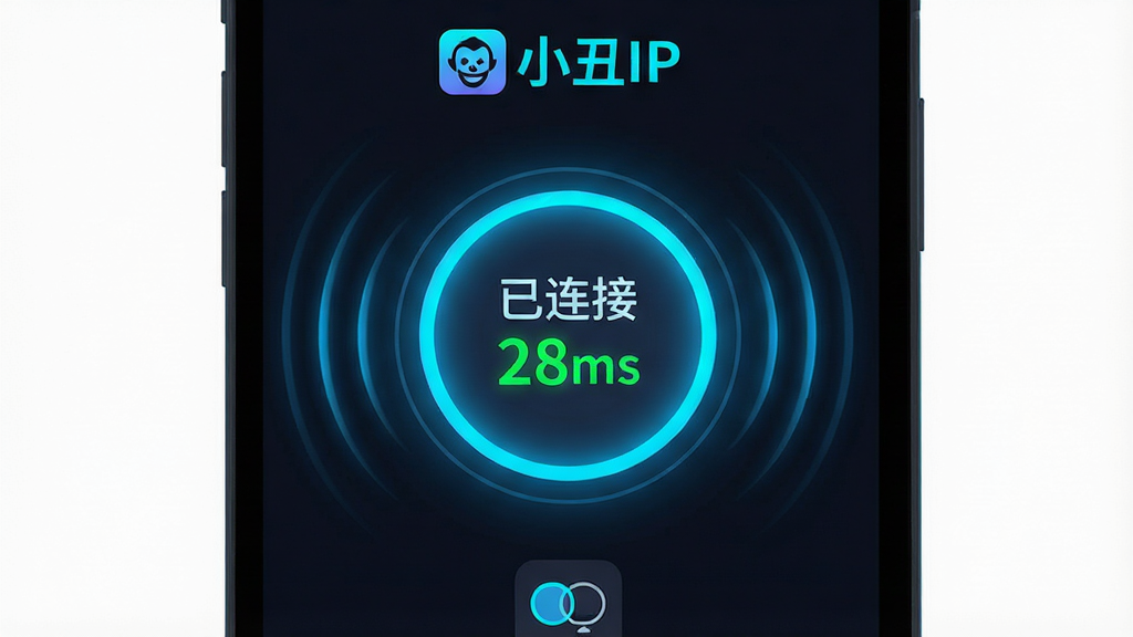 һ��չʾ��С��IP��һ���������ӹ��ܵ�ͼƬ����������Ϊ�ֻ���Ļ��д����Ļ������һ�����������Բ�δ�ť����ť�·���ʾ�������ӡ����ӳ���ֵ��28ms�������ּ�࣬��ťռ���Ӿ����ġ��Ű��ϣ������С�С��IP��Logo���ײ��нڵ��л���Сͼ�ꡣ���Ϊ��ƽ���Ƽ��磬��ɫ��������޺�����Ч��ϸ���ϣ���ť��Χ�в�����ɢ����Ч�����ӳ���ֵ����ɫ������ʾ�����ʸɾ����޶���Ԫ�أ�������Ⱦ��