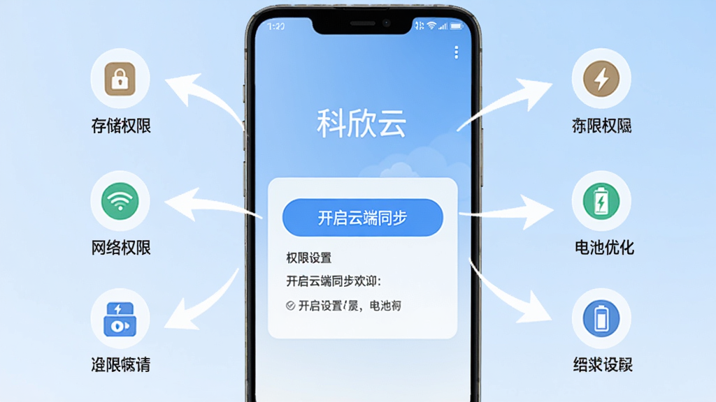 科欣云安装与设置引导界面展示,画面中一部安卓手机屏幕上显示“科欣云”的欢迎页面,页面中央有“开启云端同步”的按钮和权限设置提示,周围有箭头指向“存储权限”“网络权限”“电池优化”等图标,背景是淡蓝色渐变,布局从上到下依次排列,风格清新友好,画质干净无多余元素