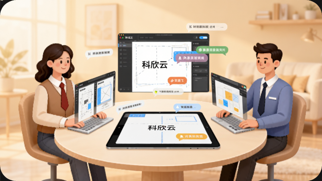 科欣云多人协作场景展示,画面中三个不同职业形象的人围坐在虚拟圆桌旁,各自面前悬浮着设计界面,中间有一个共享画布显示“科欣云”的协作标注和评论气泡,背景是柔和的暖色调,布局呈三角形构图,风格温馨现代,画质细腻干净,无杂乱元素