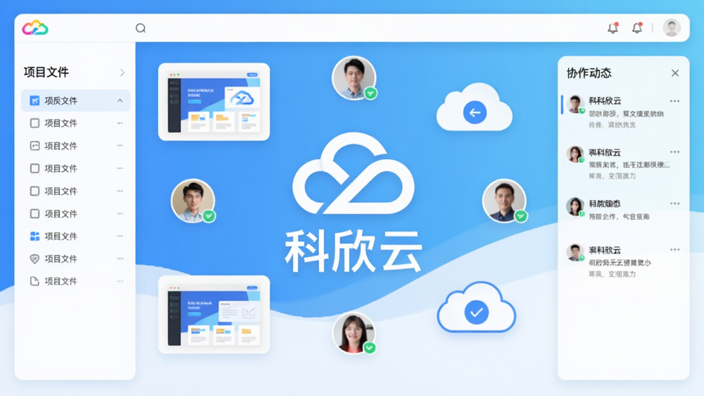 科欣云软件主界面展示,画面中央是科欣云的品牌Logo和名称“科欣云”,周围环绕着设计稿缩略图、多人协作头像、云端同步图标,背景是清爽的蓝白渐变配色,布局采用卡片式分区,左侧是项目文件列表,右侧是协作动态面板,整体风格现代简约扁平化,细节圆润,画质干净清晰,无多余装饰元素