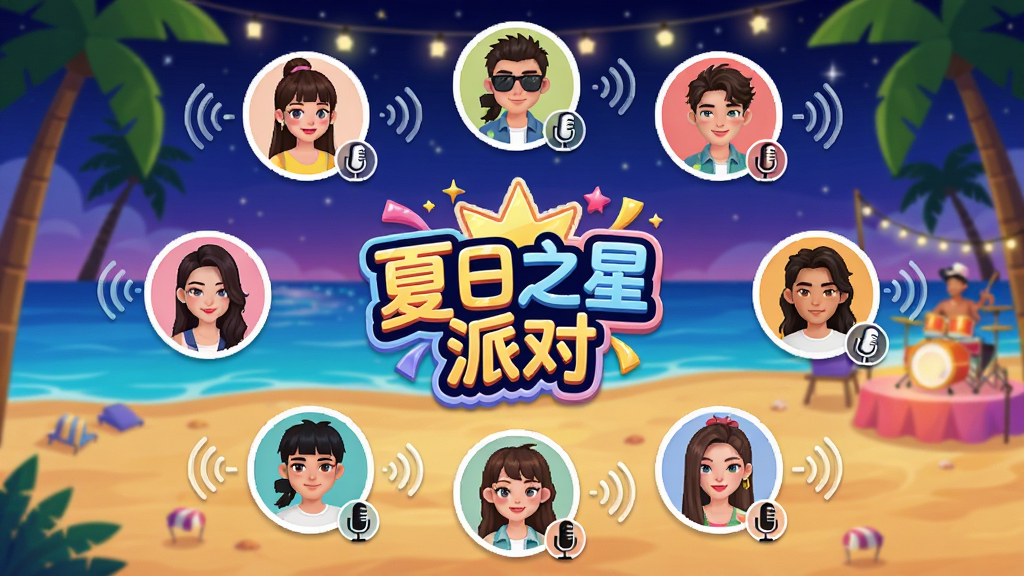 夏日之星派对语音派对房间界面,画面显示多个玩家头像围成一圈,每个头像旁有麦克风图标和发言波纹,中间是“夏日之星派对”的派对主题装饰,背景是夜晚沙滩派对场景,风格活泼明亮,布局清晰,画质干净无多余元素