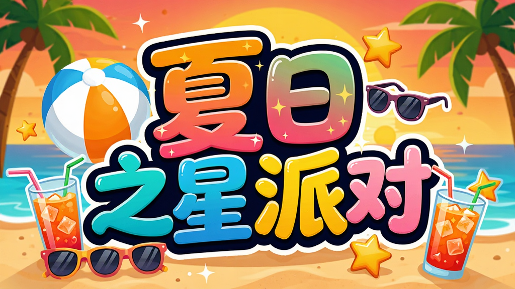 夏日之星派对主视觉海报,画面中央是巨大的“夏日之星派对”彩色艺术字,字周围环绕着沙滩球、太阳镜、冰镇饮料和星星元素,背景是夏日海滩落日场景,整体风格卡通明快,色彩鲜艳饱和,画质清晰干净无多余元素
