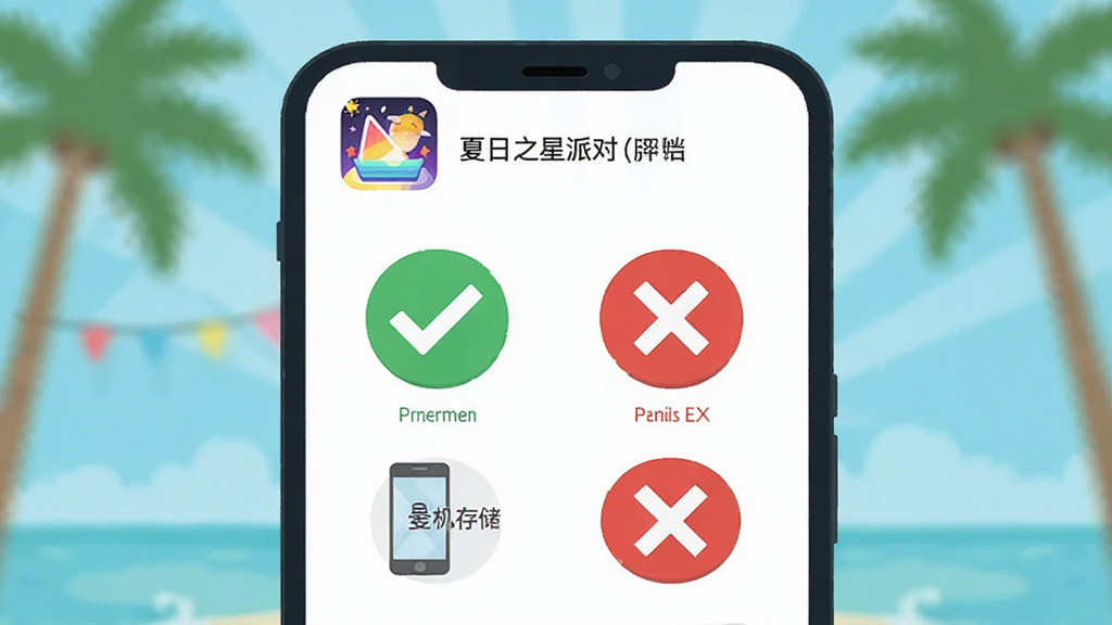 夏日之星派对安卓手机安装权限设置示意图,画面展示手机屏幕上的权限管理界面,用醒目的对勾和叉号图标标注麦克风、存储等权限的允许与禁止状态,界面顶部有“夏日之星派对”图标,风格简洁扁平,排版清晰,画质干净无多余元素