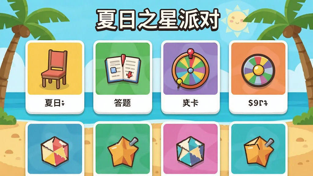 夏日之星派对游戏内迷你游戏选择界面,画面展示多个游戏卡片以网格形式排列,卡片上有抢椅子、答题、转盘等图标,界面顶部显示“夏日之星派对”标题,背景是夏日沙滩风格,风格卡通扁平,排版整齐,画质清晰干净无多余元素