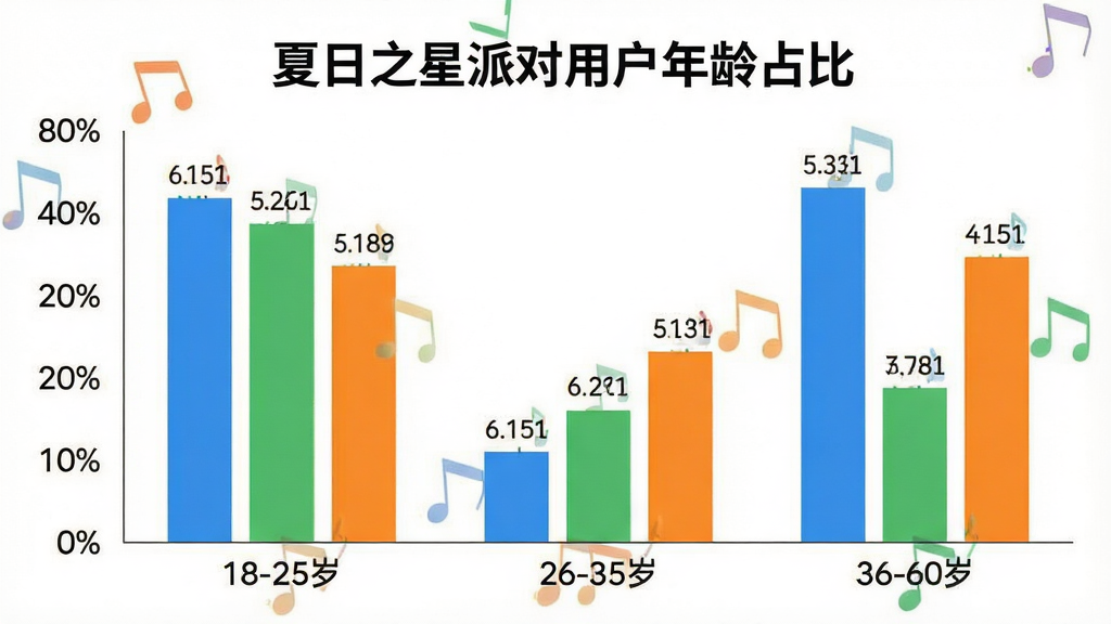 夏日之星派对玩家年龄分布柱状图,图表标题为“夏日之星派对用户年龄占比”,横轴显示18-25岁、26-35岁、36-60岁三个年龄段,纵轴显示百分比,柱状图颜色分别为蓝色、绿色、橙色,图表风格简洁现代,背景干净,数据标注清晰,画质无多余元素