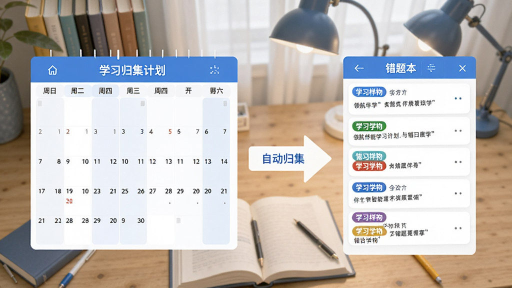 �캽��ѧ����ѧϰ�ƻ������鼯����չʾ���������Ϊ����ʽѧϰ�ƻ������Ҳ�Ϊ���Ȿ�б������ⰴѧ�Ʊ�ǩ���࣬�м��м�ͷ���ӱ�ʾ�Զ��鼯���̣�����Ϊ��������������ƽ����������ɫ����ϸ�����������ʸɾ��޶���Ԫ��