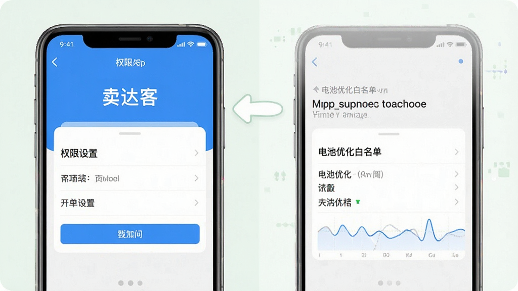 一张手机屏幕截图风格的示意图,画面展示“卖达客”App的权限设置界面和电池优化白名单设置步骤,主体为手机界面,布局清晰,风格简洁扁平,画质干净,无多余元素