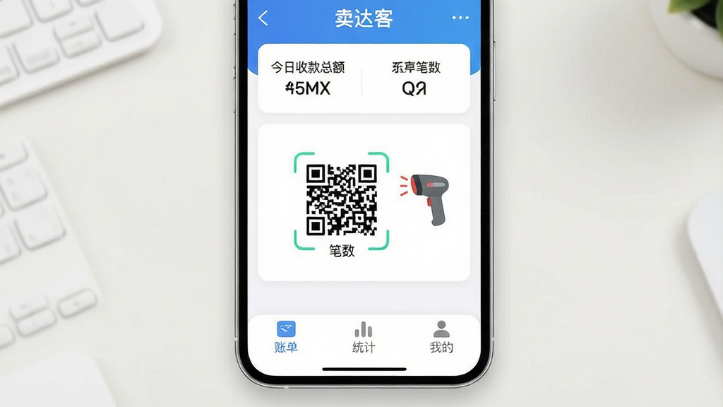 一张手机应用界面展示图,画面中央是“卖达客”App的主界面,背景是简洁的浅色桌面环境,主体为手机屏幕特写,屏幕上显示着今日收款总额和笔数,中间是收款二维码和扫码枪图标,底部是账单、统计、我的三个选项卡,布局清晰,风格现代扁平,细节圆润,画质干净明亮,无多余元素