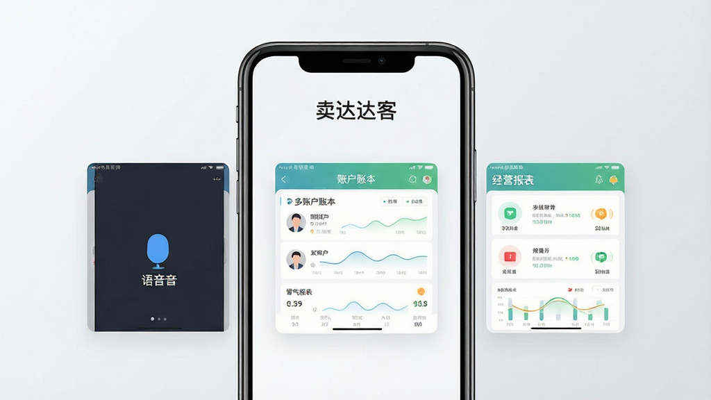 一张“卖达客”功能展示海报图,画面主体是一部手机,手机屏幕内展示着语音播报、多账户账本、经营报表三个功能模块的界面缩略图,背景是简洁的浅灰渐变,风格现代扁平,细节清晰,画质干净,无多余元素