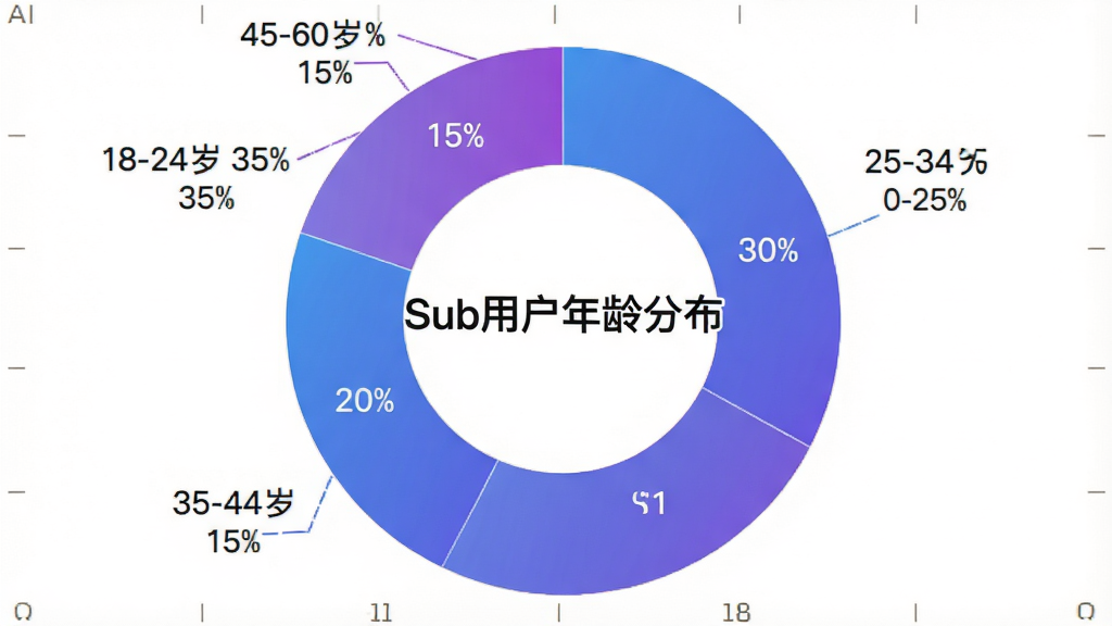 一张展示Sub用户年龄分布的饼状图,图表中标注18-24岁占比35%,25-34岁占比30%,35-44岁占比20%,45-60岁占比15%,配色为蓝紫渐变,风格简洁现代,布局清晰,画质干净,图表中央有“Sub用户年龄分布”字样