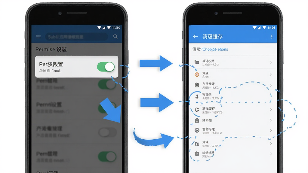 一张展示Sub应用安装权限设置和清理缓存操作步骤的示意图,手机屏幕显示权限开关和存储管理界面,画面中有箭头标注操作顺序,风格简洁明了,配色为蓝白灰,布局清晰,细节到位,画质干净