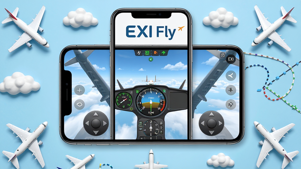 һ��չʾEXI Fly�����������ȫòͼ�������������ֻ���Ļ����Ļ����ʾEXI Fly�ķ���ģ�������棬��������Ʊ������ɻ��Ǳ��̺Ͳٿ�ҡ�ˣ���Ļ�Ϸ���EXI Fly��logo��������Ļ��Χɢ���ŷɻ�ģ�͡��ƶ�ͺ��ߵ�װ��Ԫ�أ���������ˬ���죬���־��жԳƣ����ʸ���ɾ����޶���Ԫ��