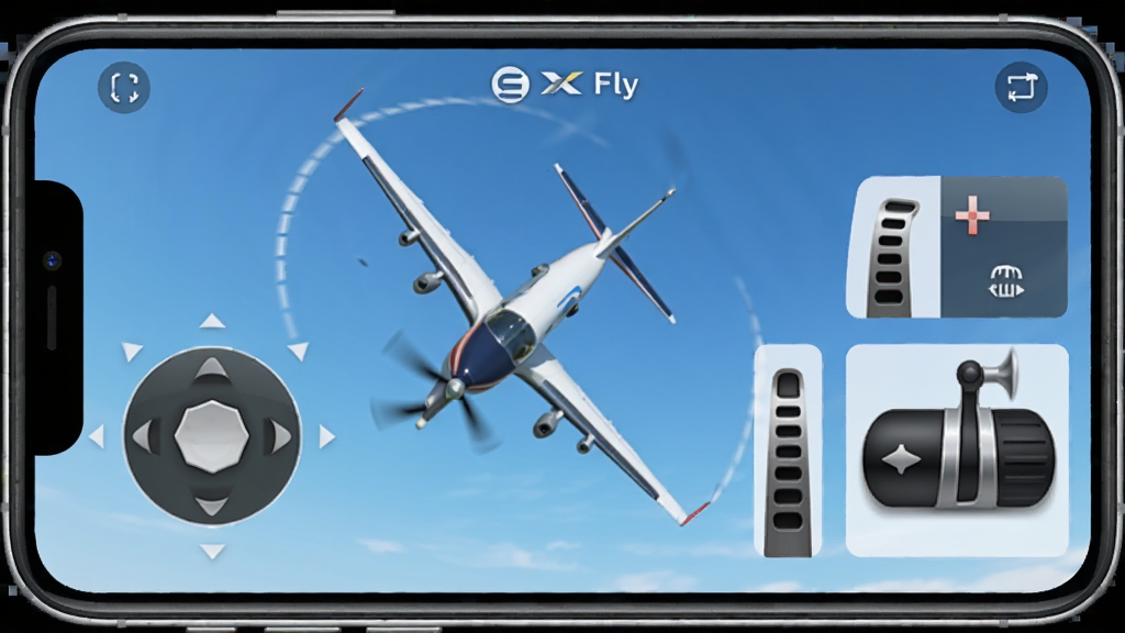 һ��չʾEXI Fly���вٿؽ����ͼƬ���������ֻ�������ʾ����Ļ����һ�ܷɻ�������������бת�䣬��Ļ���������ҡ�ˣ��Ҳ������źͷ����������򣬻�����дʵ����࣬ɫ���������Ͱ�ɫΪ�������������ɾ�