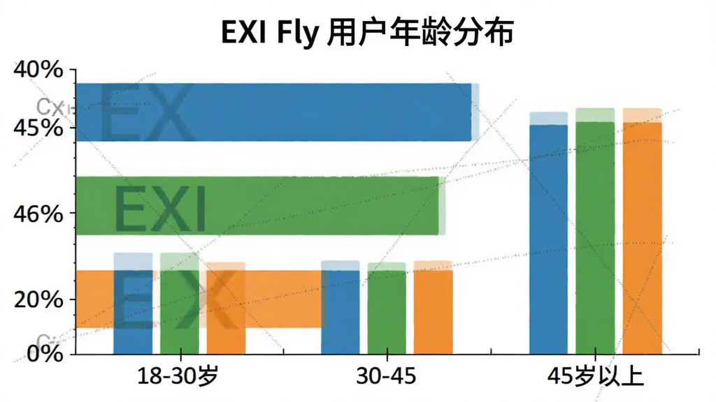 һ��չʾEXI Fly�û�����ֲ����ݵ�ͼ������������һ��������״ͼ�������ע�����18-30�ꡢ30-45�ꡢ45�����ϣ������ע�ٷֱȣ���״ͼ��ɫ�ֱ�Ϊ��ɫ����ɫ�ͳ�ɫ��ͼ���Ϸ���EXI Fly�û�����ֲ����⣬��������רҵ�����ʸɾ��޶���Ԫ��